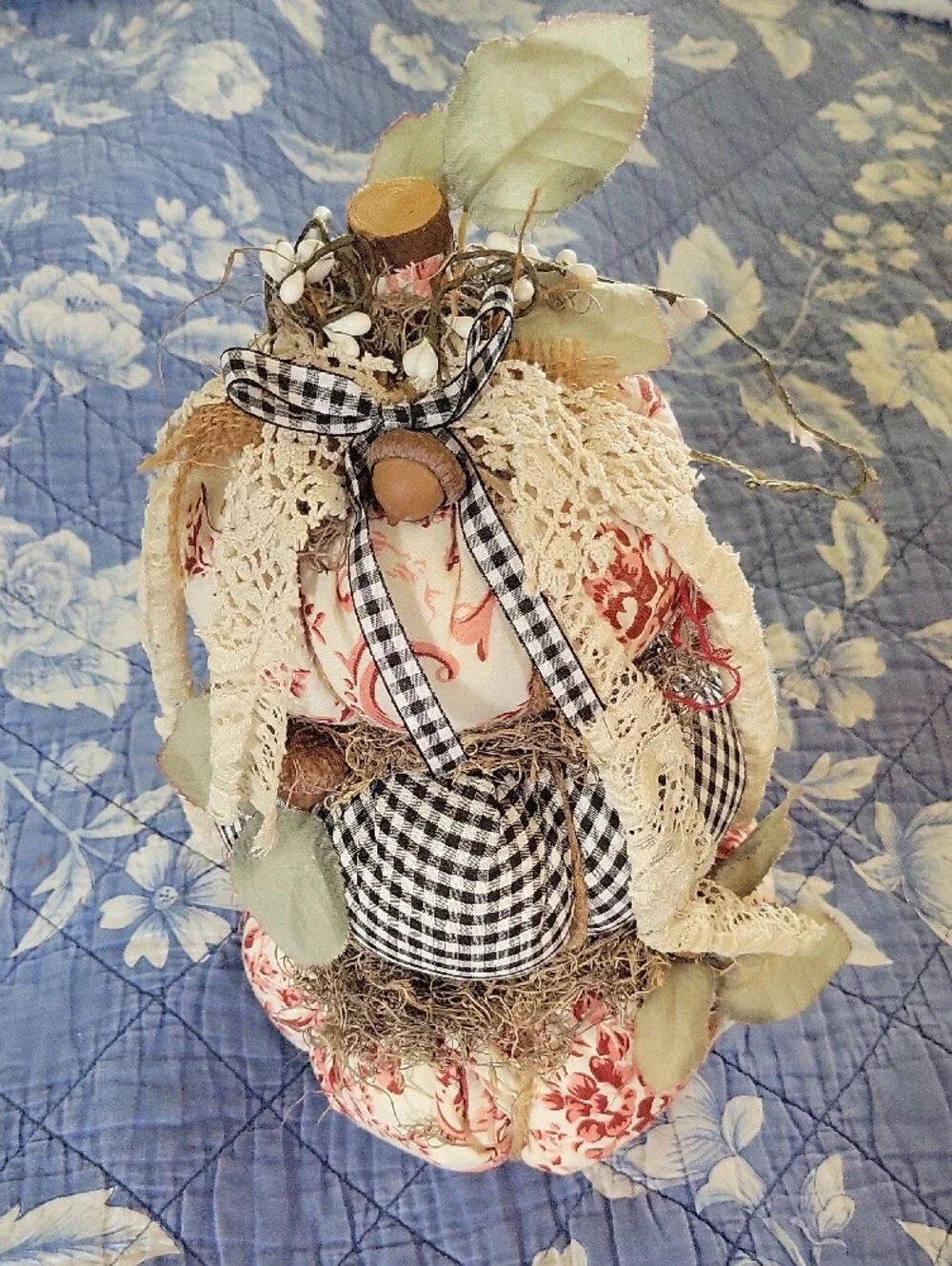Handmade Rustic Fabric Stacked Pumpkin Fall Decor Gingham Floral Lace